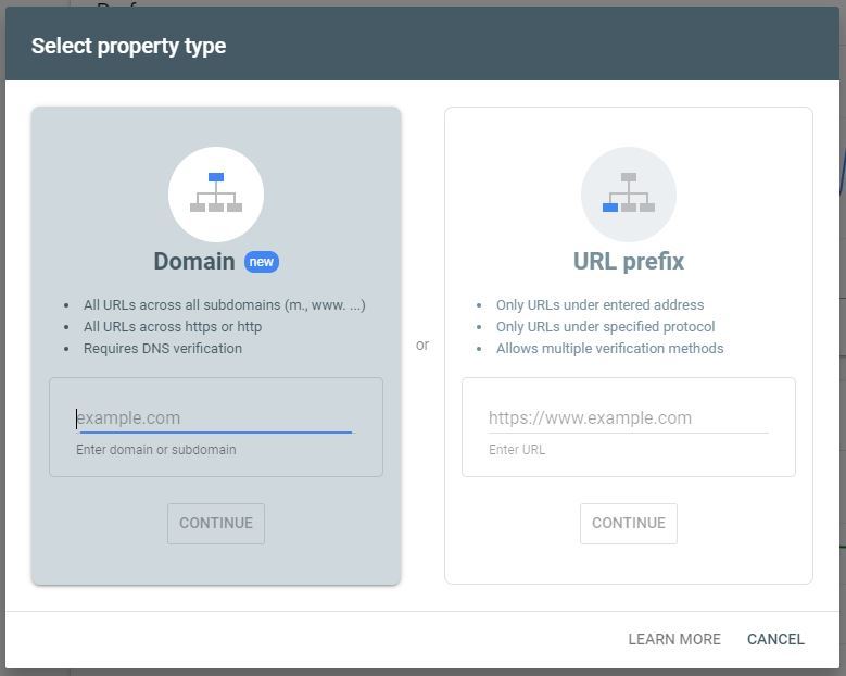 Selecting the correct property type in Google Search Console