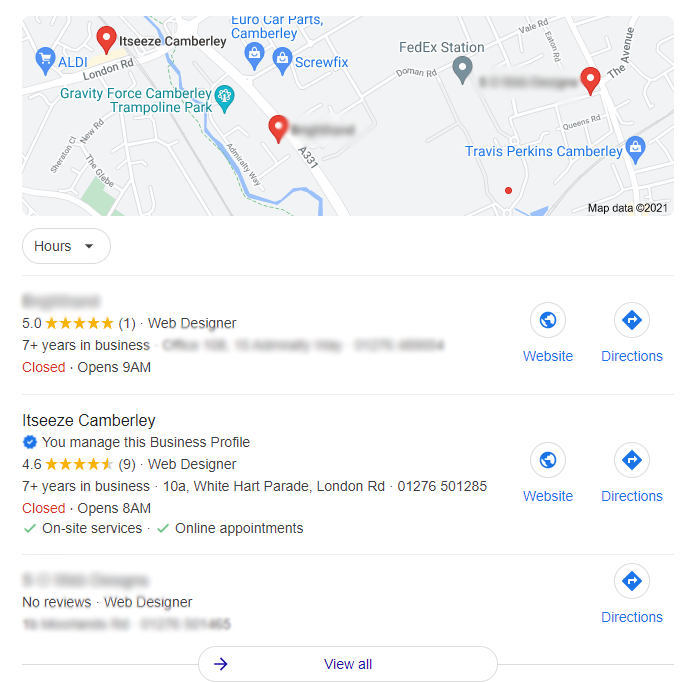 Google Map Pack - Web design Camberley