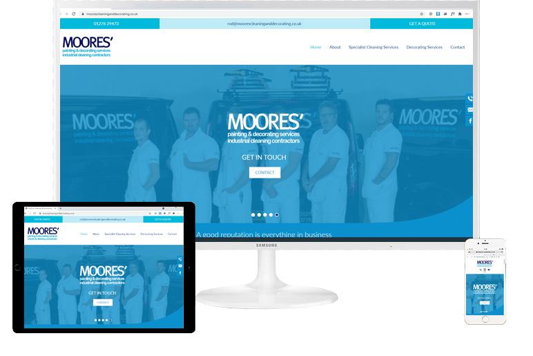 Moore's website shown on different screen sizes