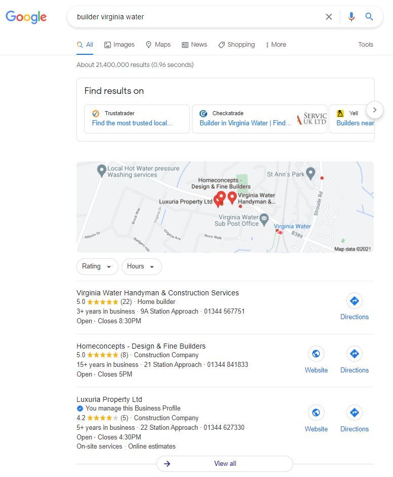 Google search results showing Google My Business listings (Map Pack)